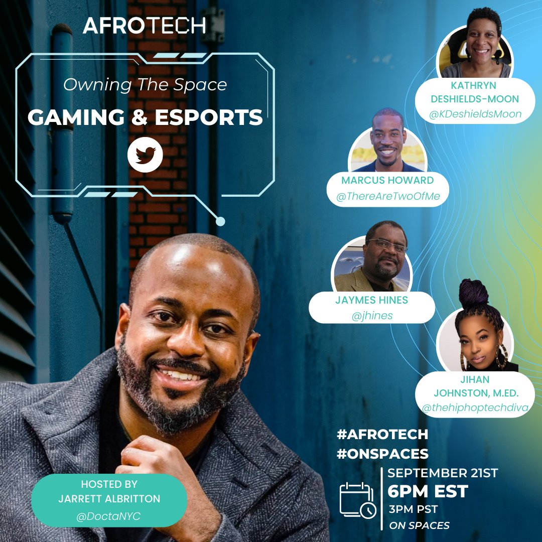 AfroTech's tweet photo. Join us September 21st at 6PM EST for an organic conversation with gaming &amp; esports professionals sharing their insight on current trends, resources and career opportunities available 🎮🖥️

Set your reminder below.
🗓️🔗:https://t.co/pBeJyKUPtI
#AFROTECH #AFROTECHonSpaces https://t.co/SxmCKv0K2a