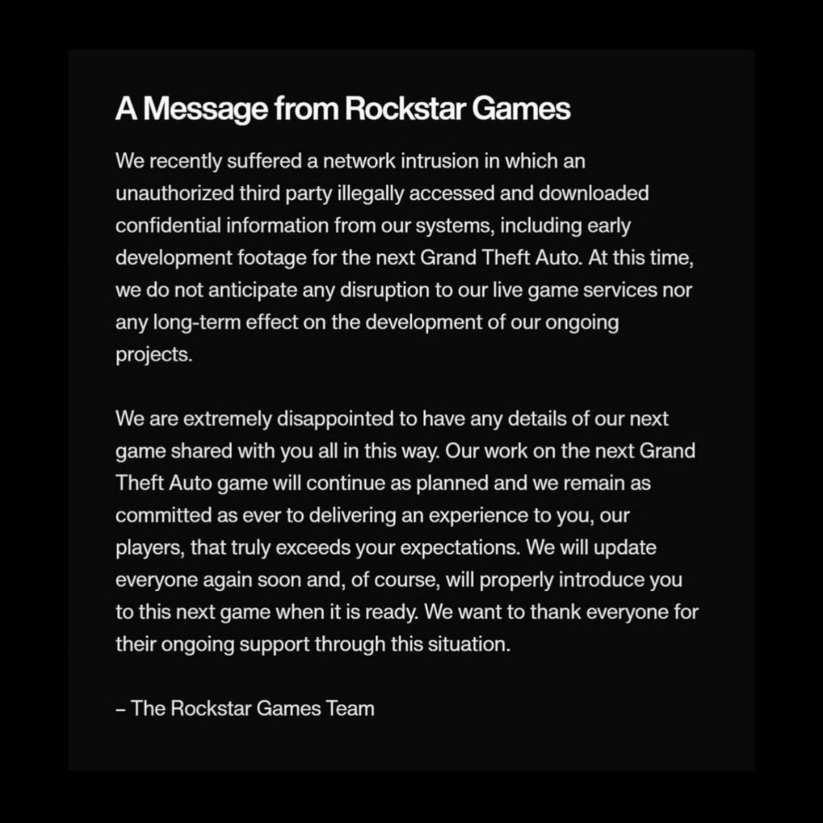 Rockstar Games delivers a message about recent hacks