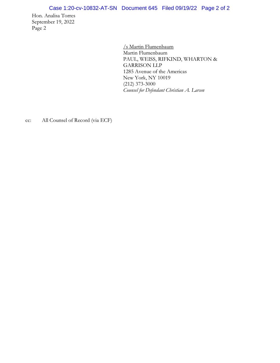 #XRPCommunity #SECGov v. #Ripple #XRP 1/2 The parties have filed a request that any motions by third-parties to seal portions of the parties’ summary judgment filings be filed subject to the Court’s September 12, 2022 order.