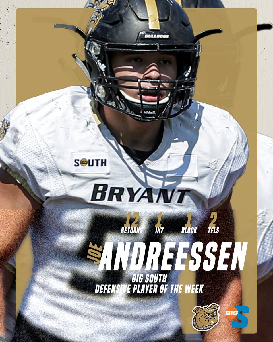 Joseph Andreessen has earned <a href="/BigSouthSports/">Big South Conference</a> Defensive Player of the Week honors. 

He posted 12.0 tackles, 1 INT, 1 PAT block, 2 TFLs, 1 sack and 1 fumble recovery at Brown on Saturday.