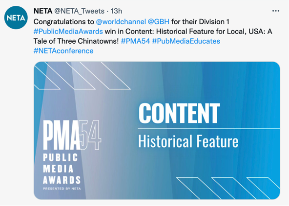 We are thrilled to announce, A Tale of Three Chinatowns was honored with a Public Media Award in the Historical Content Category submitted by World Channel: Local USA.