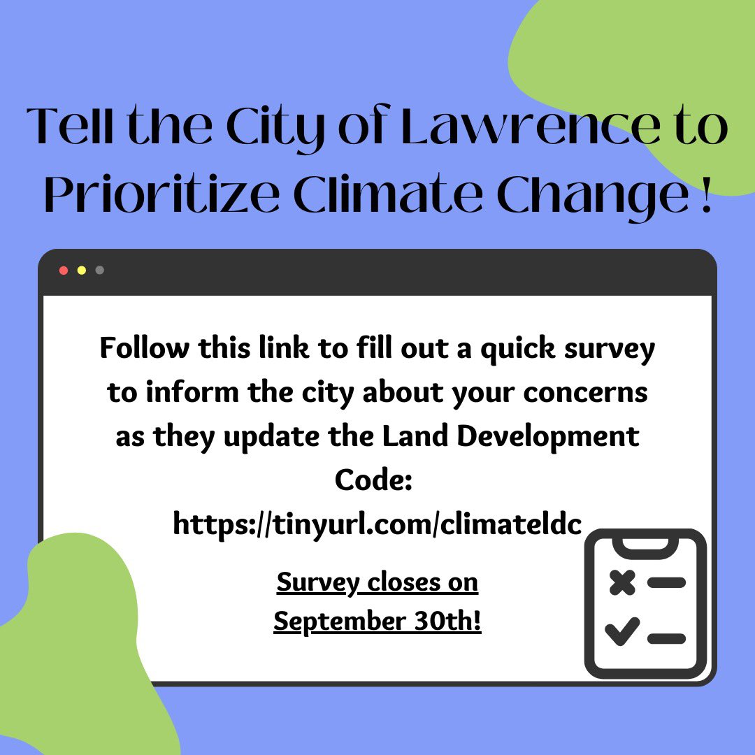 Fill out a quick survey before 09/30 to tell the City of Lawrence to prioritize climate change‼️
tinyurl.com/climateldc