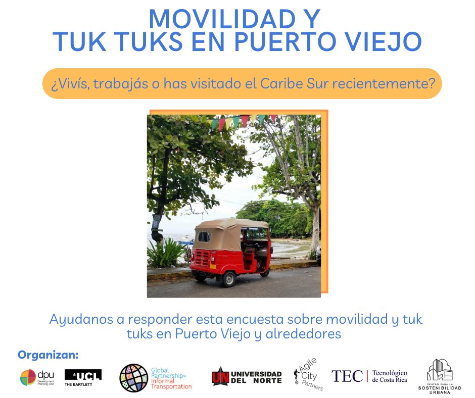 ¿Usted o alguien que conoce vive, trabaja o ha visitado Puerto Viejo y alrededores recientemente?

Agradecemos nos ayuden a responder y difundir esta encuesta sobre movilidad y tuk-tuks en la zona. 

Español: forms.gle/w22tXs81R5o87Q…
Inglés: forms.gle/P2FM3tipU99jBV…

¡Gracias!