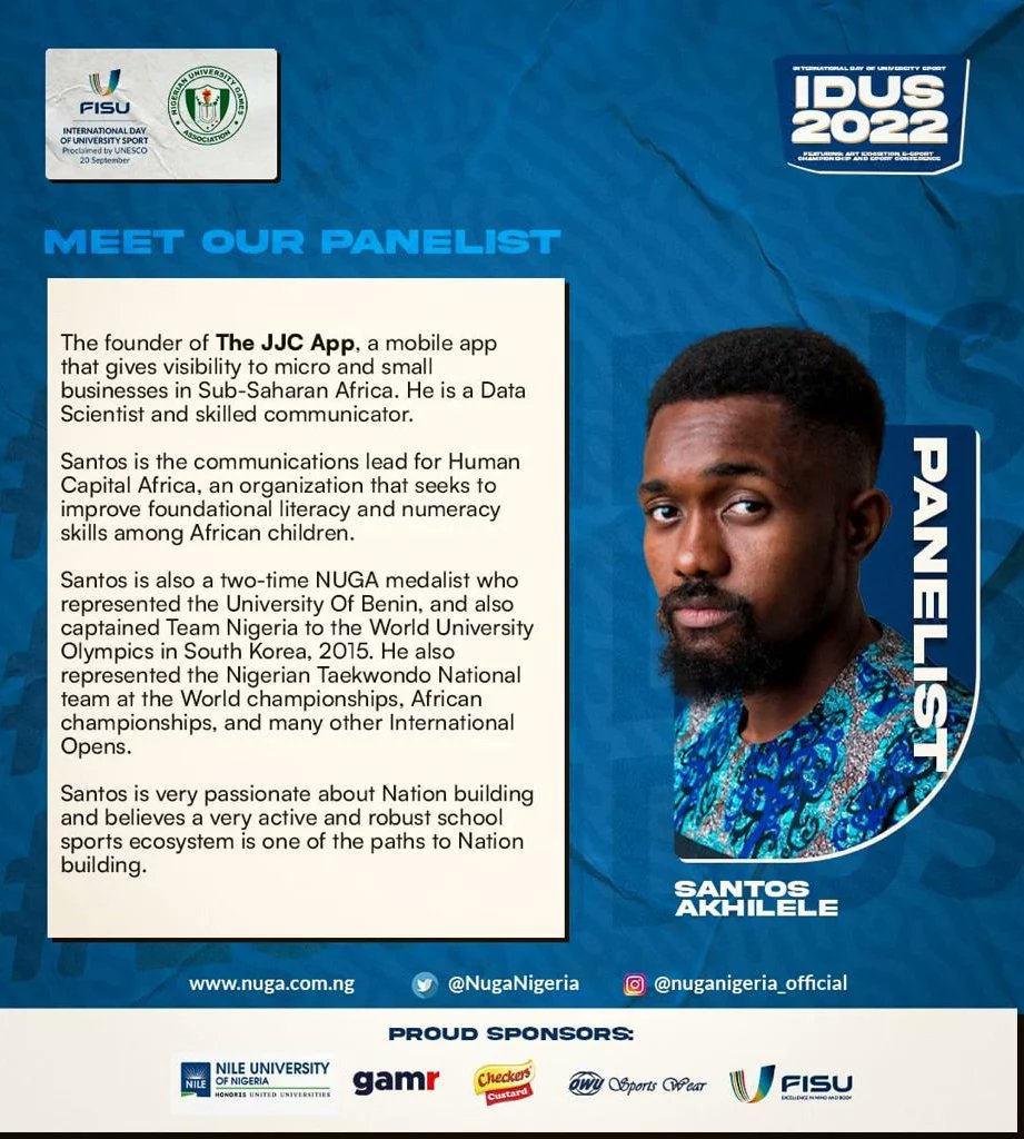 SantosTHEBOSS's tweet photo. I'd be a panelist at the International Day of Sports conference to be held tomorrow at Nile University, Abuja.

I look forward to having productive conversations alongside other experts on the topic "A healthy Nigerian Campus" https://t.co/D94emzzAMB