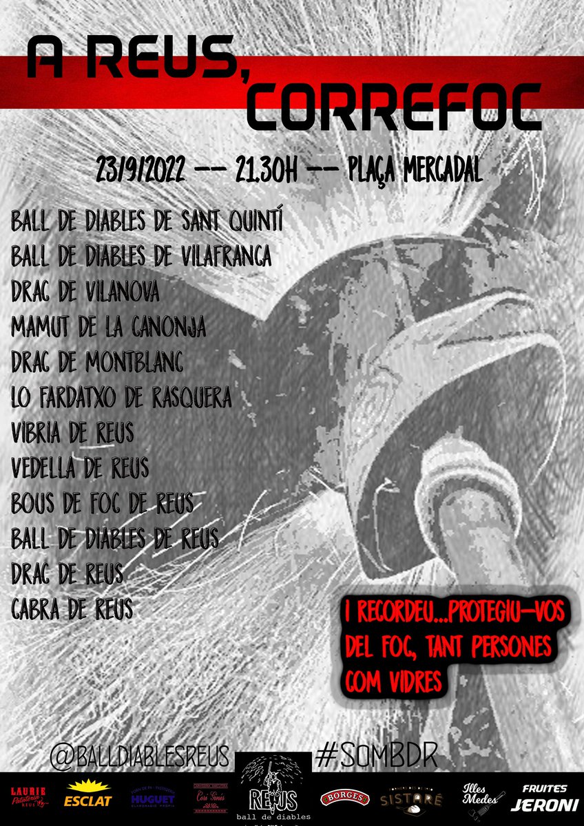 🔥A REUS, CORREFOC!🔥

📆Divendres 23 de setembre 
🕘21.30h
📍Plaça Mercadal

I recordeu...protegiu-vos del foc, tant persones com vidres