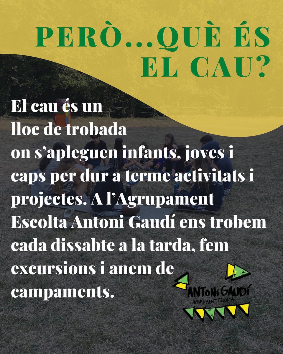 Comença un nou curs amb molta il•lusió☺️! Per això com més siguem més riurem. Si has nascut l'any 2015, 2009, 2008 o 2007 aquesta és la teva gran oportunitat de formar part del Gaudí💚💛

Us animem a unir-vos al món de l'escoltisme i viure aquesta experiència única, el cau.🌴🏕