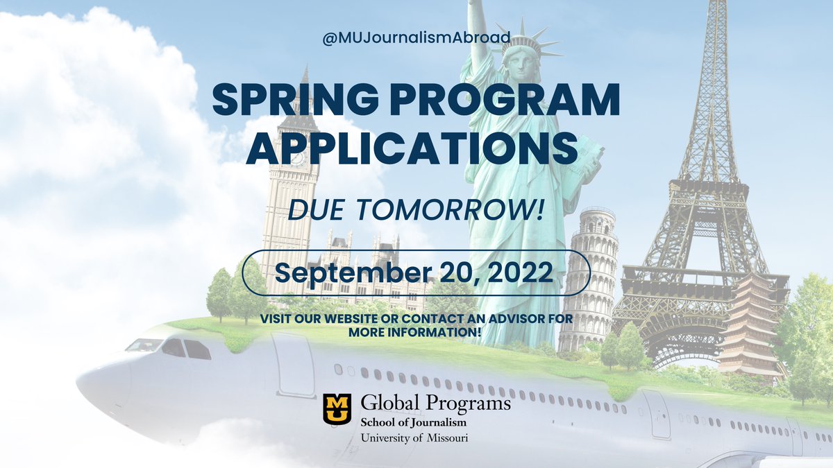 MUJournAbroad's tweet photo. Interested in studying abroad next spring? Applications for Spring Programs are due TOMORROW! Visit the link in our bio for more information. ✈️🗽🧳🗺🌎 #mujournalismabroad #studyabroad #journalism #mizzou https://t.co/SJuuFafqTN