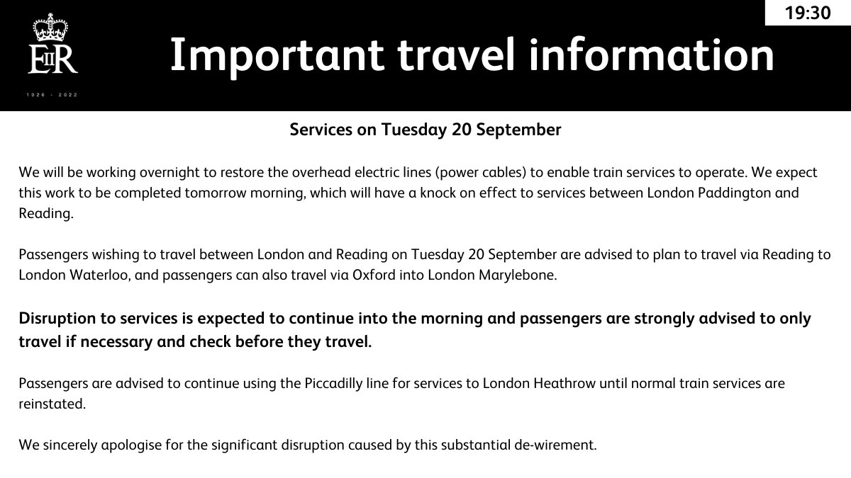 networkrailwest's tweet photo. ⚠️Train services Tues morning (20 Sept). Only travel if necessary &amp; check before you travel with @nationalrailenq

🔧We will be working overnight &amp; into tomorrow to fix the overhead power cables between Reading and London Paddington to enable train services to run

Further info⬇️ https://t.co/3boSBZBbEj