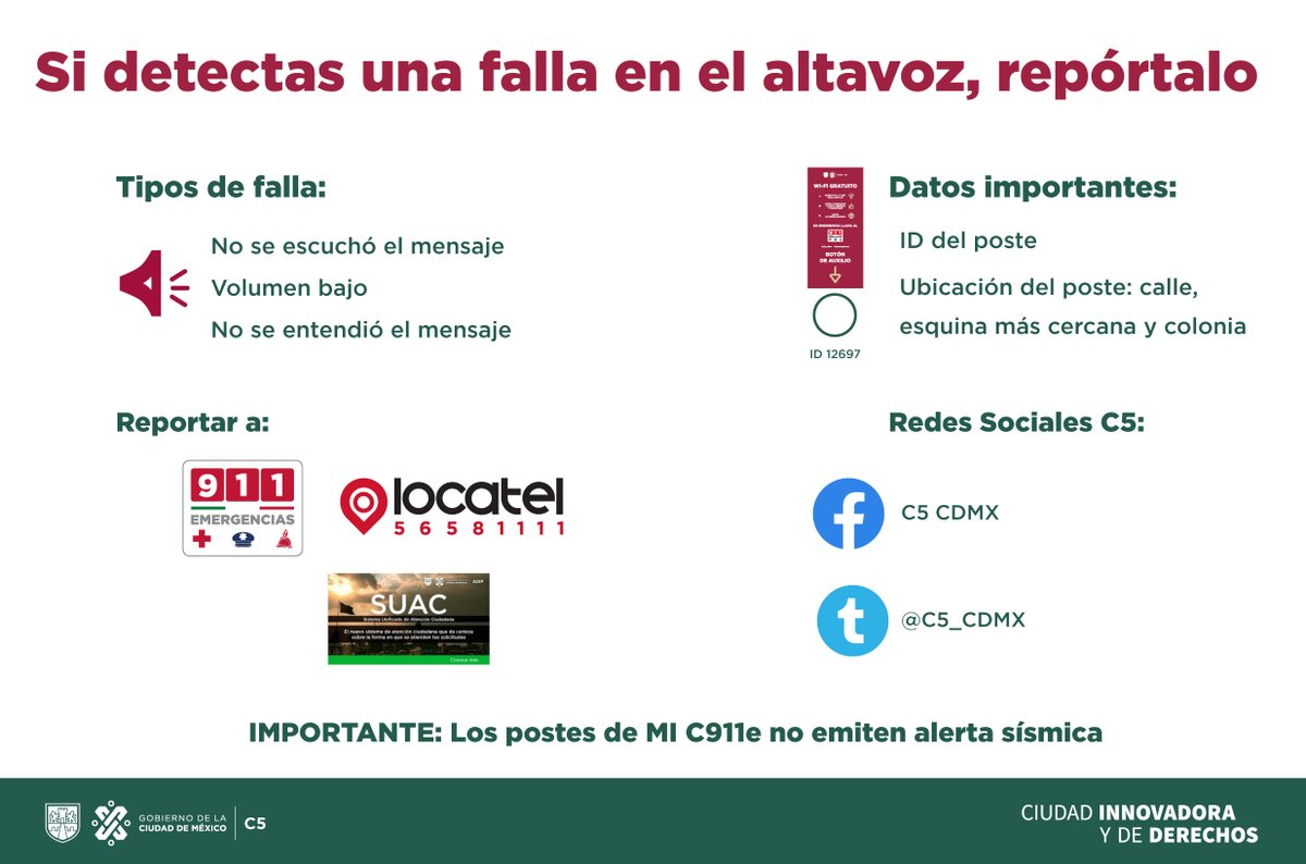 ⚠️Reporta las fallas que detectes en los altavoces del Sistema de Alerta Sísmica de la Ciudad de México
Con el ID del poste y su ubicación lo puedes comunicar a: 📞#911CDMX o al *0311
Twitter y Facebook del@C5_CDMX  y  <a href="/locatel_mx/">@locatel_mx</a>
 #TrabajandoJuntos #LaPrevenciónEsNuestraFuerza