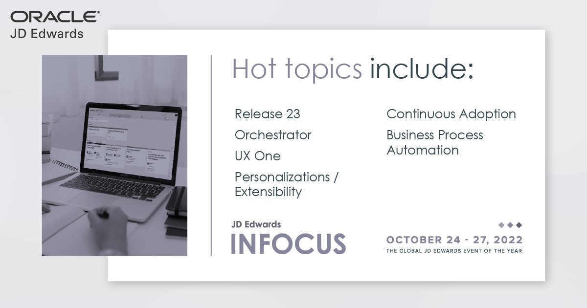 OracleJDEdwards's tweet photo. Hear from the #JDEdwards product teams at #INFOCUS22 on Release 23, #Orchestrator, #Cloud, Automation, Personalization/Extensibility, and more. Save big when you register before October 10: https://t.co/XXluOVU6IR https://t.co/xfgQ63Xh6Z