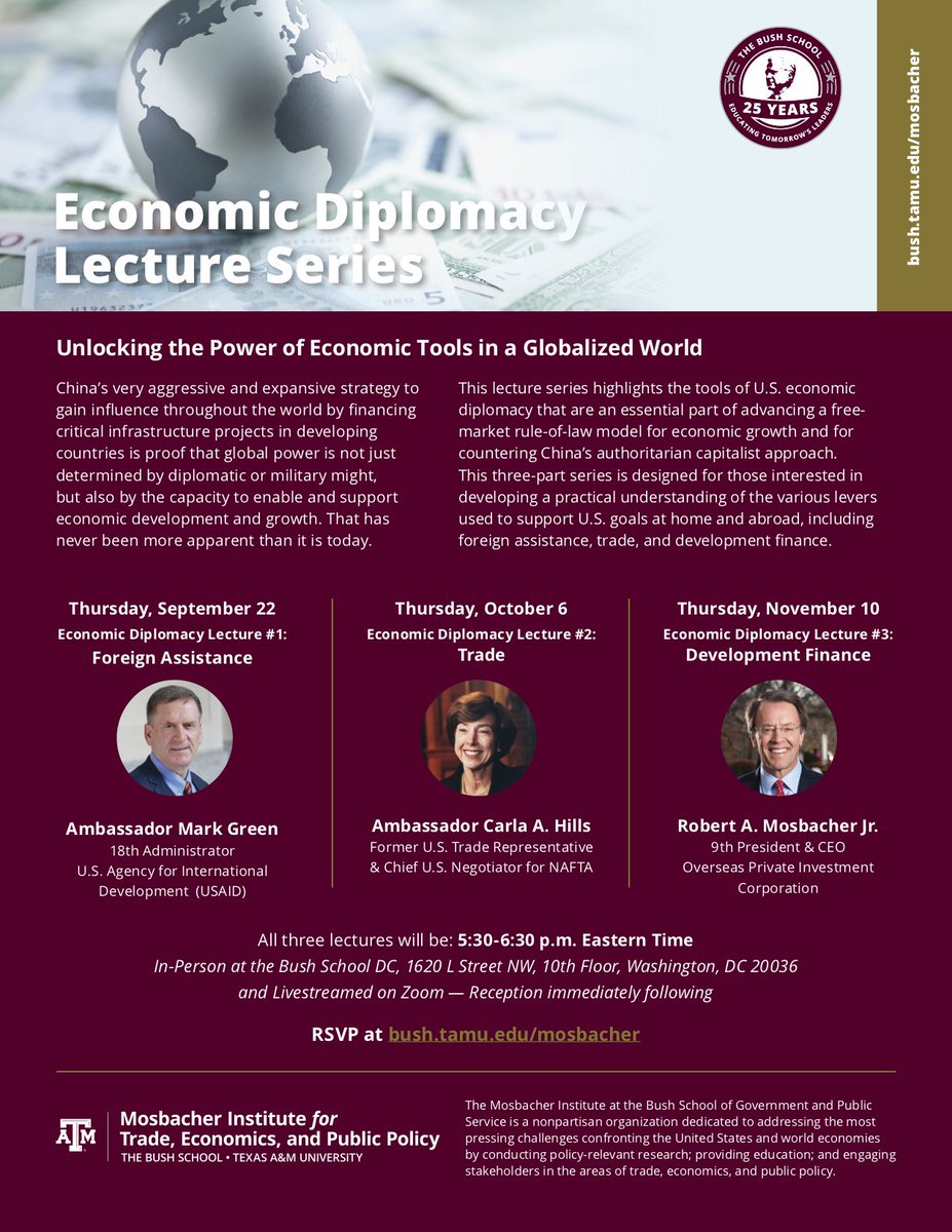 TAMUINTS's tweet photo. All three lectures will be:
5:30-6:30 p.m. Eastern Time / 4:30-5:30 Central Time
In-Person at the Bush School DC
1620 L Street NW, 10th Floor, Washington, DC 20036
and Livestreamed on Zoom
Reception immediately following

Please register here: https://t.co/WIhILB51S5 https://t.co/pzuAQqM5q6