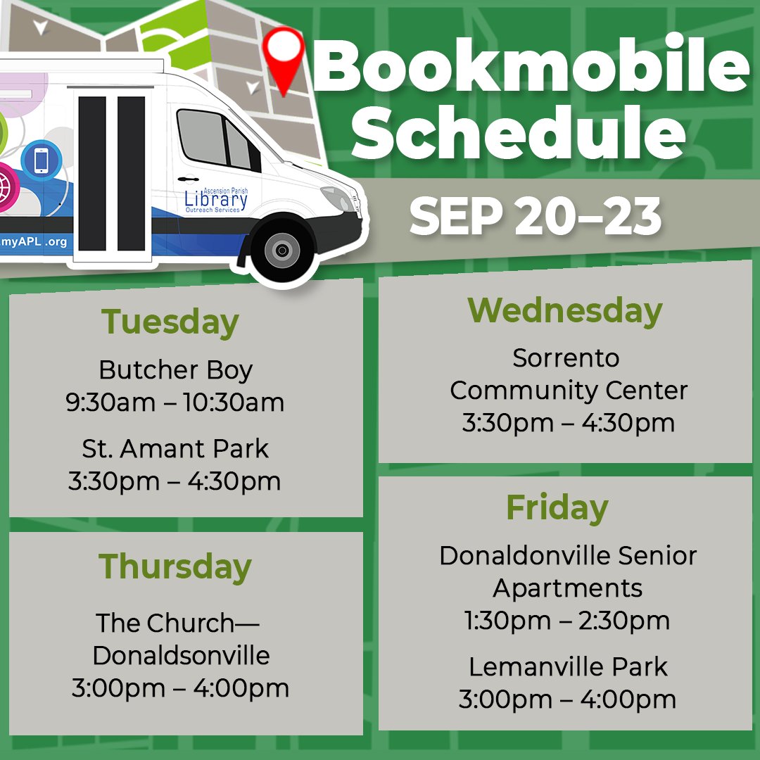 Beep Beep! Here's where our Bookmobile will be this week 📚🚐💨
We hope that you'll come and check out all of the books, audiobooks, movies, and more that we have in store for you!