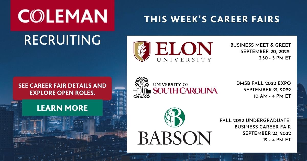 ColemanResearch's tweet photo. We're excited for another week of Career Fairs to meet students like you who are interested in learning more about who we are and what our company does.

Coleman has fantastic full-time and internship opportunities. 

Learn more: https://t.co/XpnAjD1E2x

#Recruiting #Hiring https://t.co/iYiU1upIu5