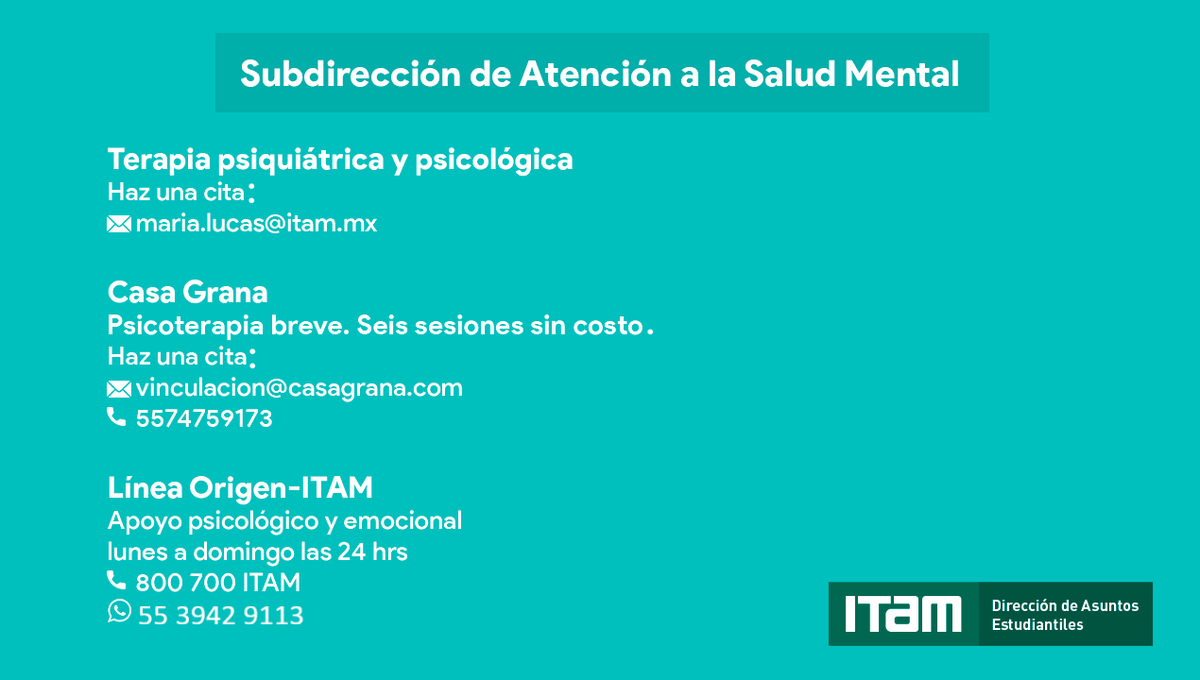 Si experimentaste crisis nerviosa producto del sismo, acude a los servicios de Atención a la Salud Mental.
Casa Jardín <a href="/DAE_ITAM/">Asuntos Estudiantiles ITAM</a> <a href="/ITAM_mx/">ITAM</a>