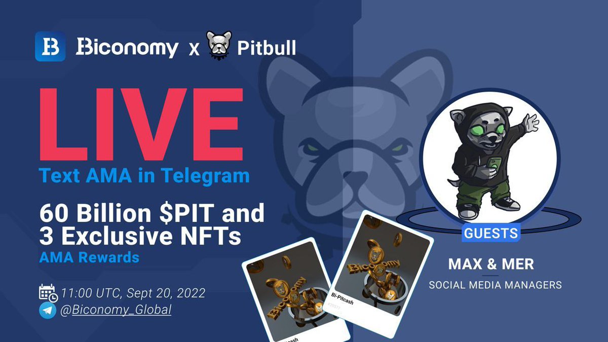 BiconomyCom's tweet photo. #BiconomyExchange happy to host #AMA with @BscPitbull 🚀

💰 Share 60 Bln $PIT and 3 exclusive #NFTs💸
1️⃣RT&amp;Tag 5 Friends, put #PIT #Pitbull #BiconomyExchange #BIT #NFT
2️⃣Follow #PIT TG and @BscPitbull  
3️⃣Follow https://t.co/dYa7UXeMQQ

☑️Detais
https://t.co/74uZ5iZy7u https://t.co/3D6JYzKDPj