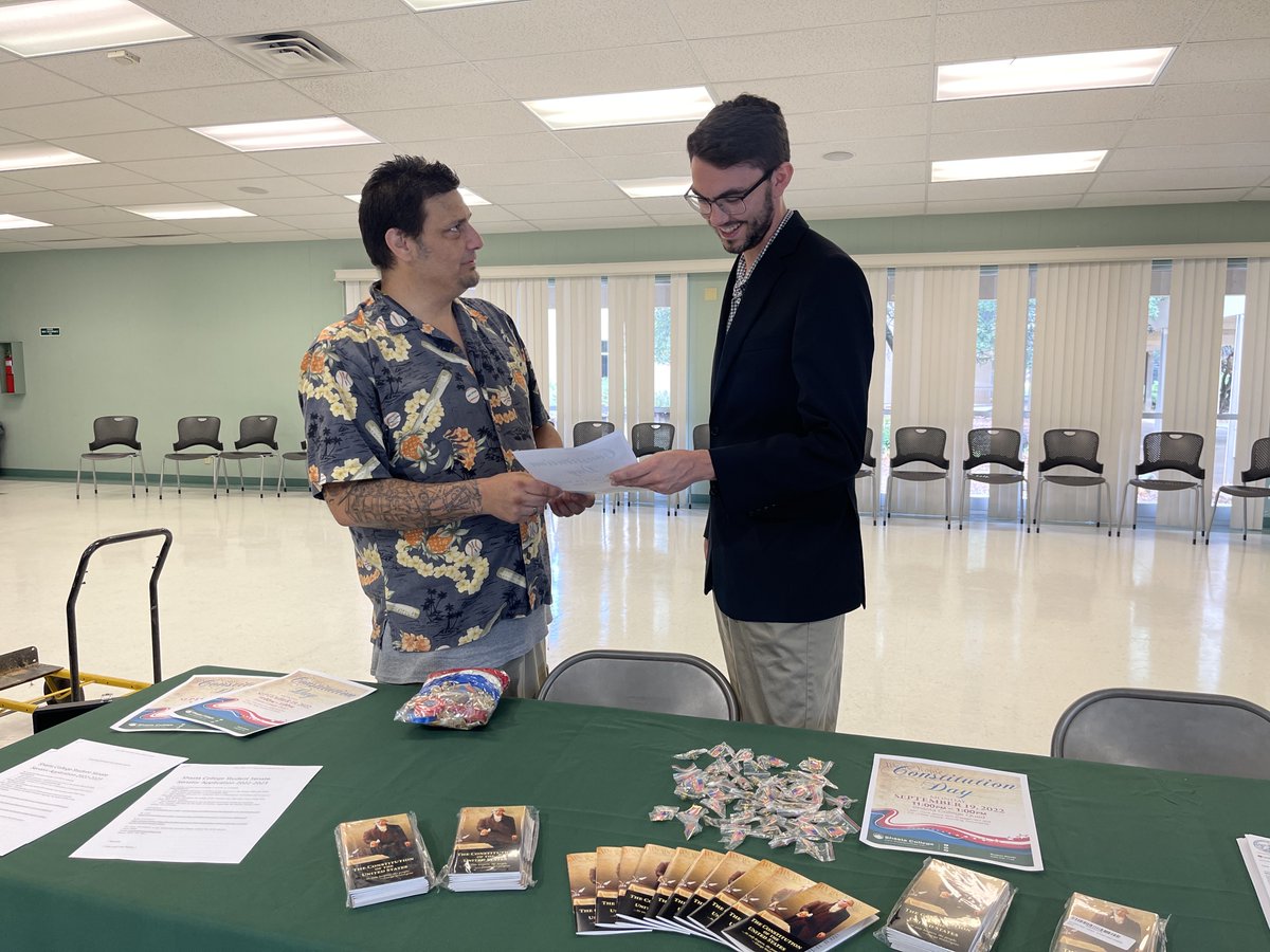 ShastaCollege's tweet photo. Hey Knights! Swing by our table on the Student Center Stage in the cafeteria from 11-1 today to pick up your pocket constitution, American Flag lapel pin, talk with our Student Senate, and meet Breyden from Senator Brian Dahle office! #scConstitutionDay #scVote #scRegister2vote https://t.co/g74JMgj8qC