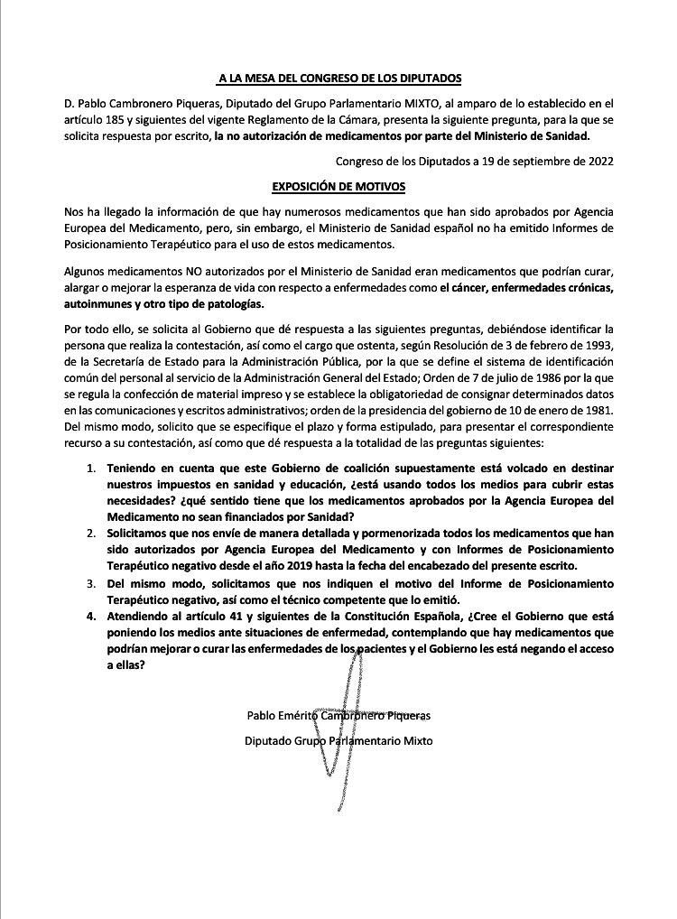 PabloCamPiq's tweet photo. 🔴 Buena pregunta de una muy buena colaboradora.

¿Por qué El Gobierno de @sanchezcastejon no autoriza el uso de medicamentos aprobados por la Agencia Europea del Medicamento @EMA_News?

Podrían mejorar la vida de pacientes con cáncer, otras enfermedades crónicas y autoinmunes. https://t.co/IRISNyB3Z8