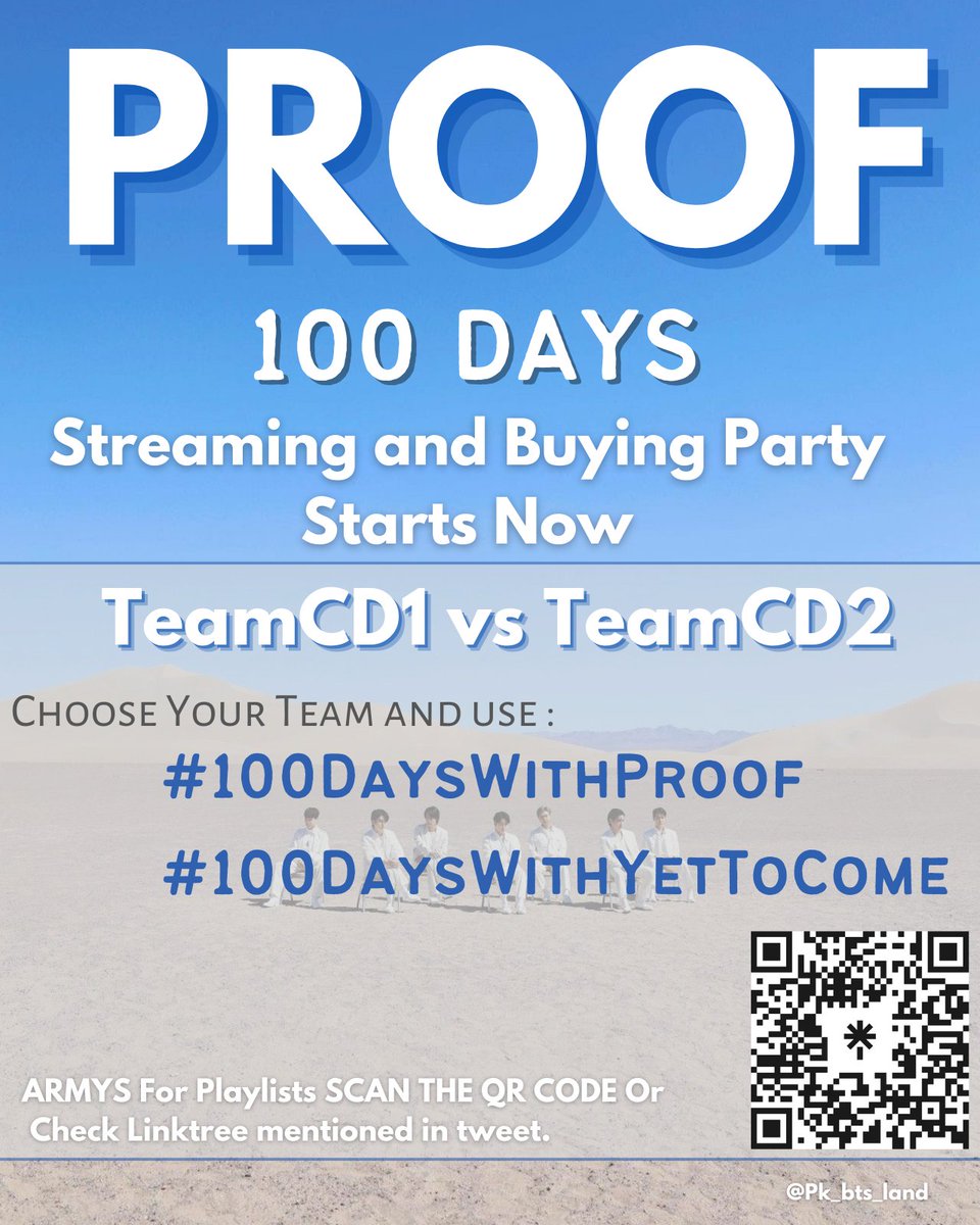 BTSstreamers's tweet photo. ARMYs, 100 DAYS WITH PROOF STREAMING AND BUYING PARTY HAS STARTED! 🥳
Choose your team:
#TEAMCD1 vs #TEAMCD2
Let's re-peak #YetToCome on iTunes and increase #BTS_Proof streams!
#100DaysWithProof
#100DaysWithYetToCome
Playlists below 👇 https://t.co/3NYTSViaS7