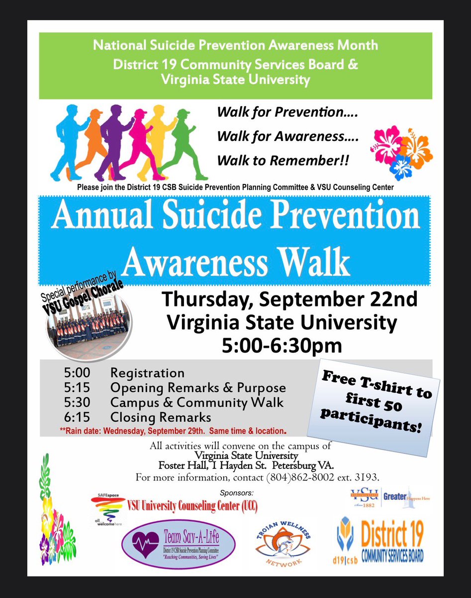 Please join us on our Annual Suicide Prevention Awareness Walk this Thursday at 5 pm at Foster!