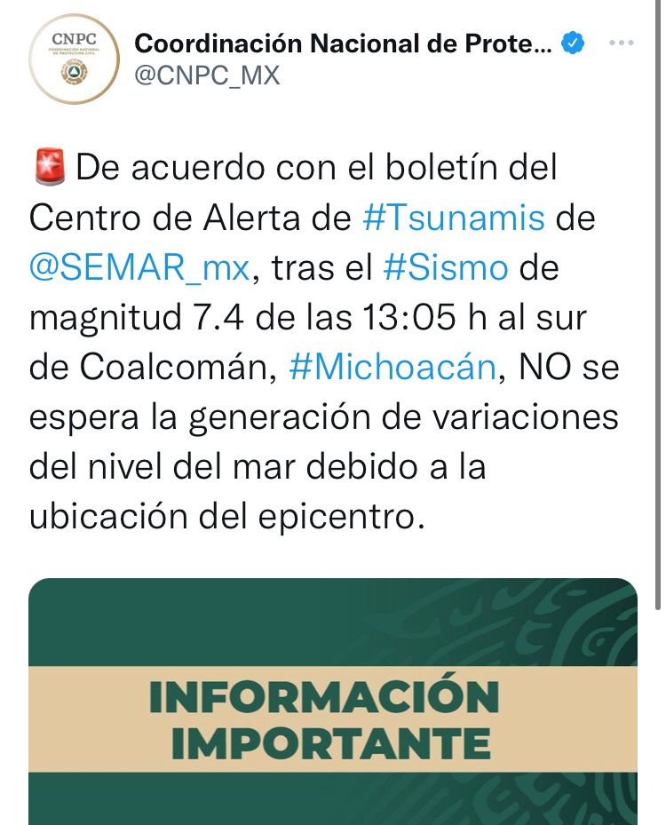 sopitas's tweet photo. Protección Civil no espera la generación de algún #Tsunami por el #sismo de hace un momento. 👇👇👇 https://t.co/xyaVD0d82a