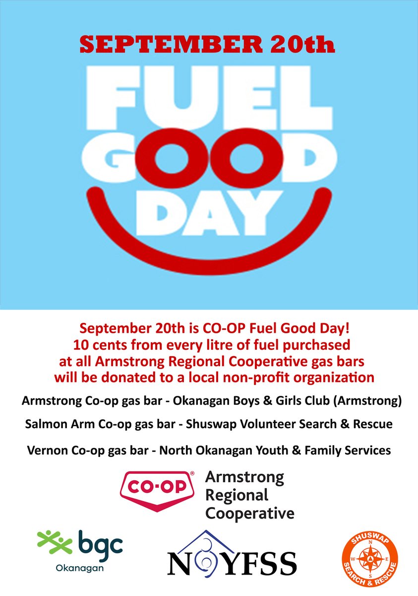 Armstrong Co-op (@armstrongcoop) on Twitter photo Tomorrow is Co-op Fuel Good Day!  10¢ from every litre of fuel purchased at our Armstrong, Salmon Arm, and Vernon gas bars will support a great local non-profit or charity!  Plus with every fuel purchase you can enter to win a $100, $50, or $25 Co-op gift card!  #FuelGoodDay Tomorrow is Co-op Fuel Good Day!  10¢ from every litre of fuel purchased at our Armstrong, Salmon Arm, and Vernon gas bars will support a great local non-profit or charity!  Plus with every fuel purchase you can enter to win a $100, $50, or $25 Co-op gift card!  #FuelGoodDay