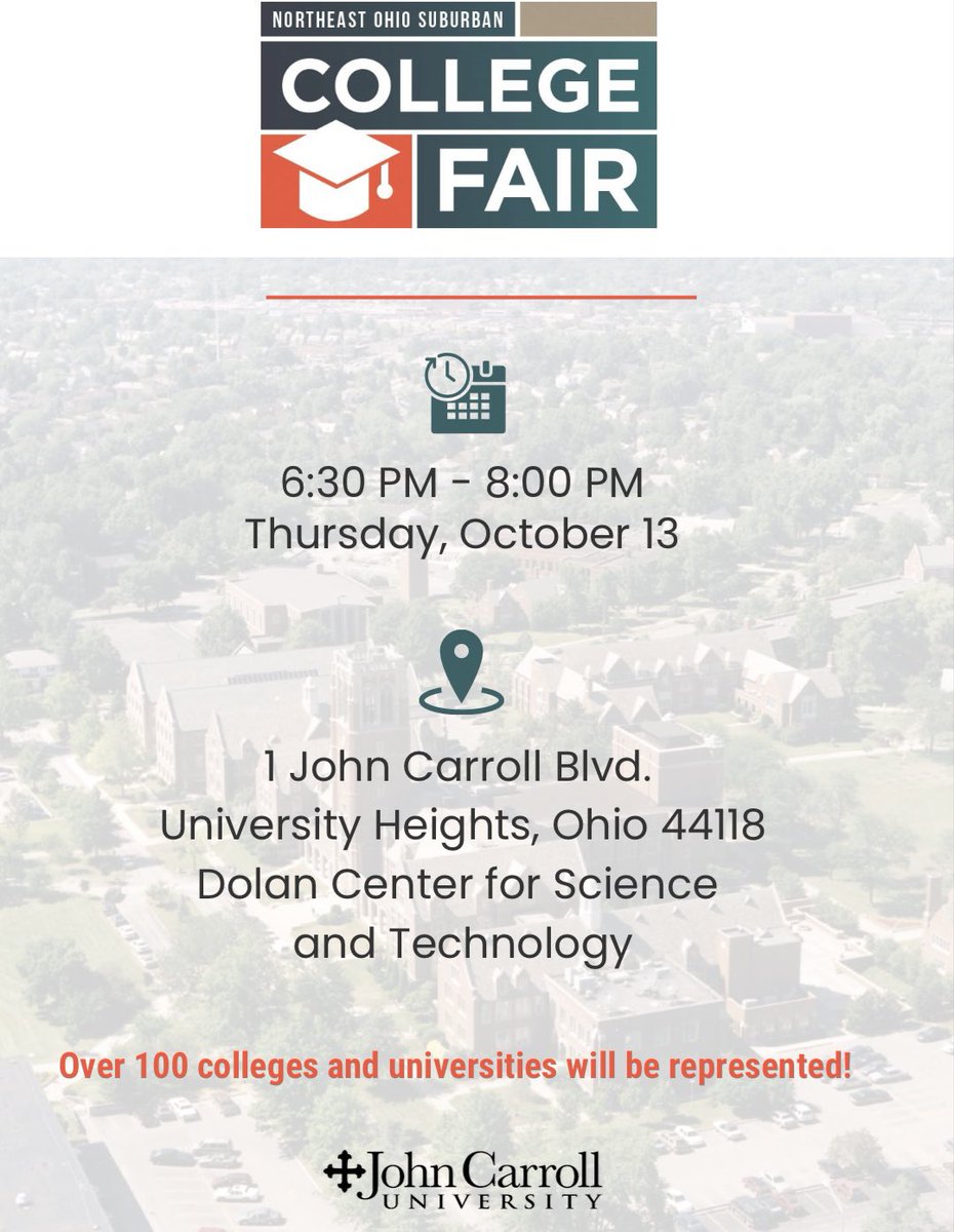 The annual Northeast Ohio Suburban College Fair will be held at John Carroll University on Thursday, October 13, 2022 from 6:30pm to 8:00pm.