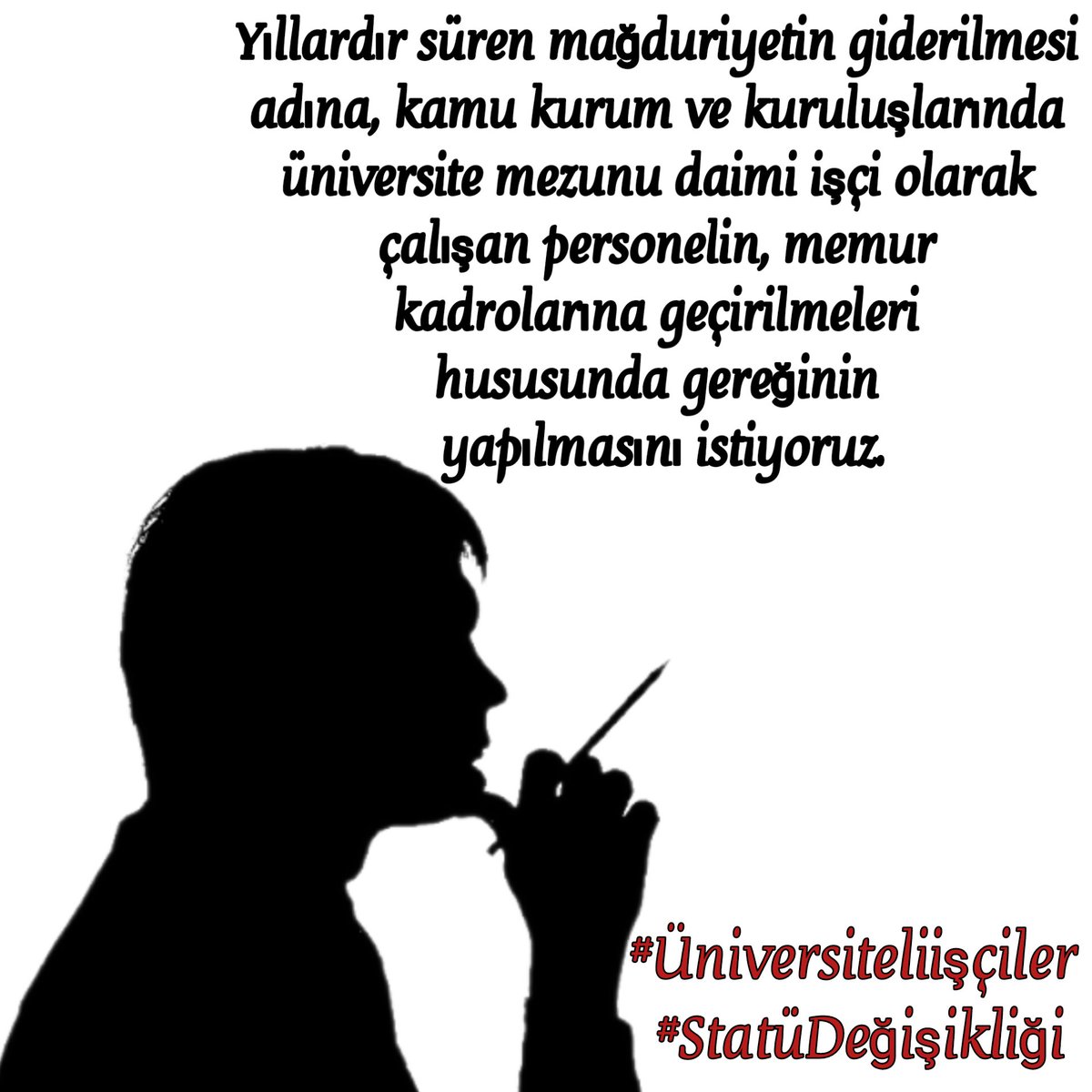 universitelisci's tweet photo. Ünvliİşçiler TorbaYasaya

Kamuda ve yerel yönetimlerde işçi statüsünde çalışan üniversite mezunu işçiler statü değişikliği  ile memur kadrolarına geçirilecekleri yasal düzenlemeyi bekliyorlar.
@RTErdogan @dbdevletbahceli https://t.co/pEOp3i0Bkp
