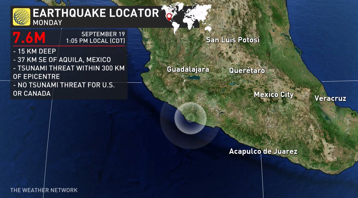 Big earthquake in Mexico about 40 min ago at the time of this tweet. Tsunami threat for areas within 300 km of epicentre. No tsunami threat for U.S. or Canada west coasts per bit.ly/3xA19Fk.