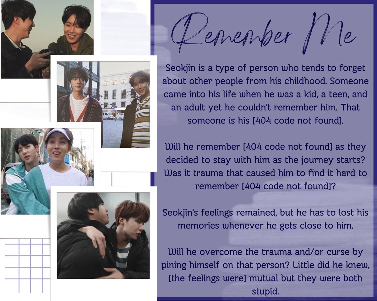 2seokPiningFest's tweet photo. 💜 Remember Me || #2Seok

🤍 teen+ // 1.5k // ongoing
🤍 memory loss
🤍 high school / post-high school
🤍 oblivious seokjin
🤍 mutual pining

https://t.co/DUd4YMaAOk https://t.co/QvABdZouyd