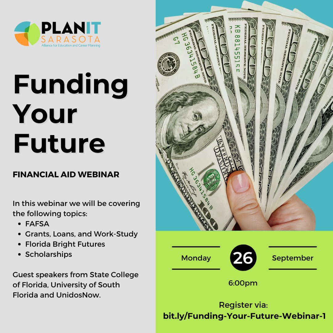 Kickoff #scholarshipszn next week w/ a Financial Aid Webinar at 6:00 pm. Guests from <a href="/SCFnow/">StateCollegeFlorida</a>, <a href="/USouthFlorida/">University of South Florida</a>, and <a href="/UnidosNow/">UnidosNow</a> will be covering FAFSA, grants, loans, work-study, Florida Bright Futures, and other scholarships! Register: bit.ly/Funding-Your-F…  #fundyourfuture
