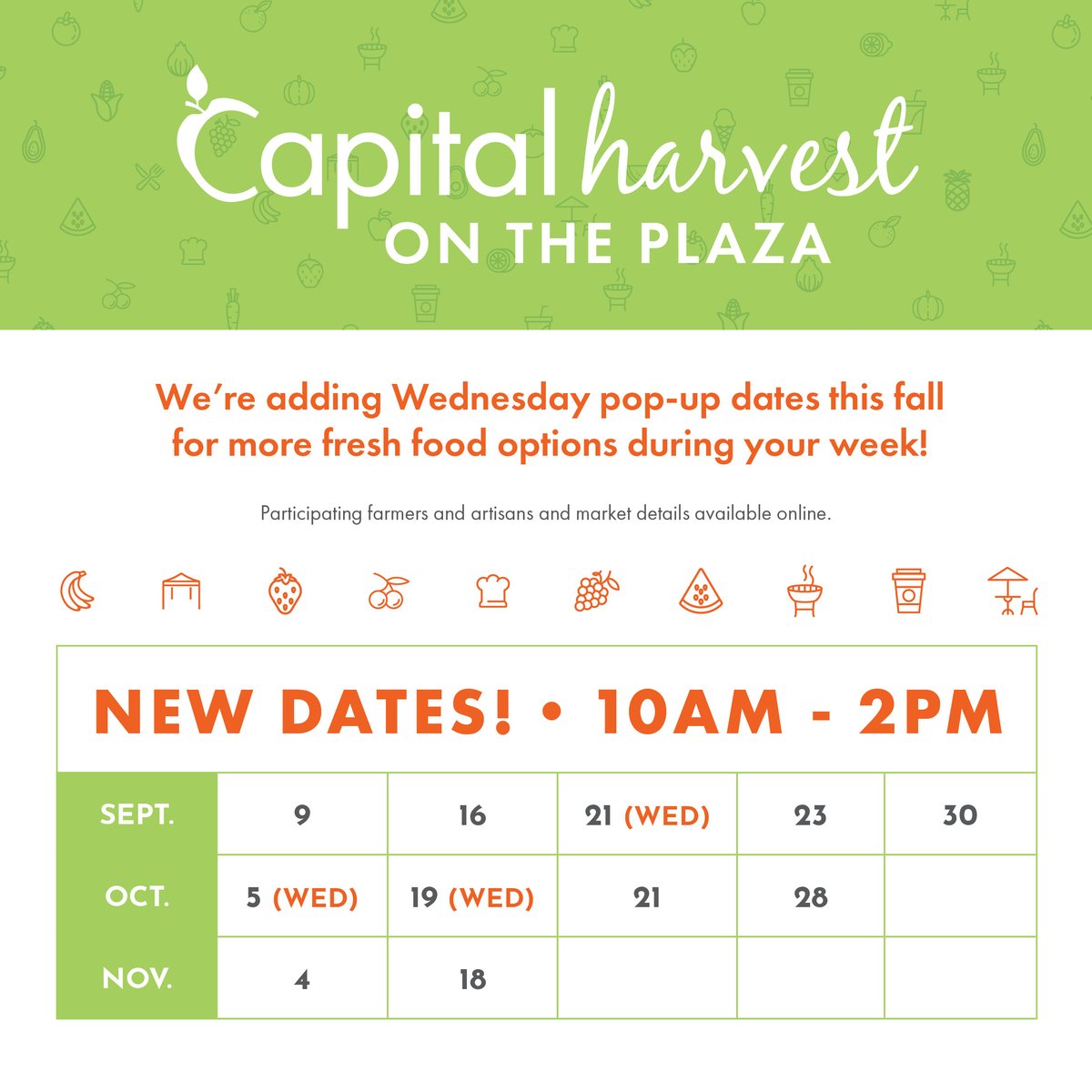 New pop-up dates for <a href="/CapHarvestDC/">CHoP</a> #FarmersMarket start this week! See you at #WilsonPlaza from 10 am to 2 pm this Wednesday and Friday for fresh food options. ▶️Check out capitalharvestdc.com for the list of vendors and the remaining schedule this season.