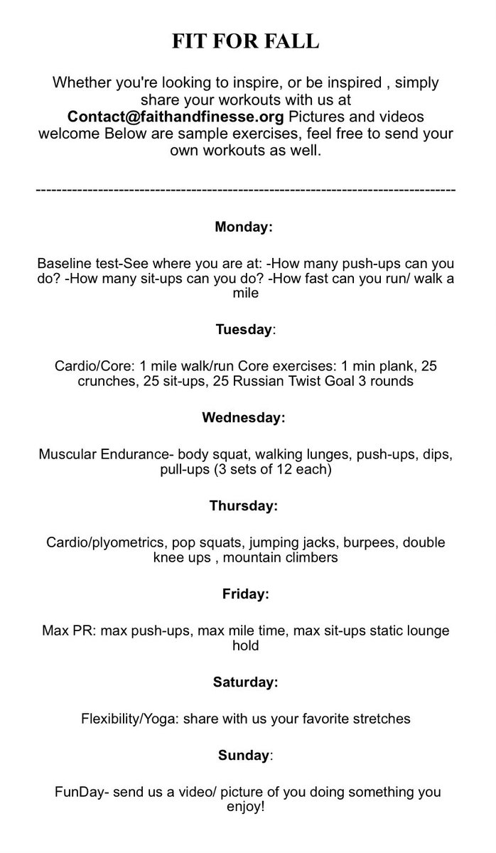 FaithandFinesse's tweet image. Up for the challenge? Send us pictures or videos of you getting the work in! Message us if any questions or concerns. 

 #FitForFall #challengeyourselfdaily #allseasonlong #FaithandFinesse