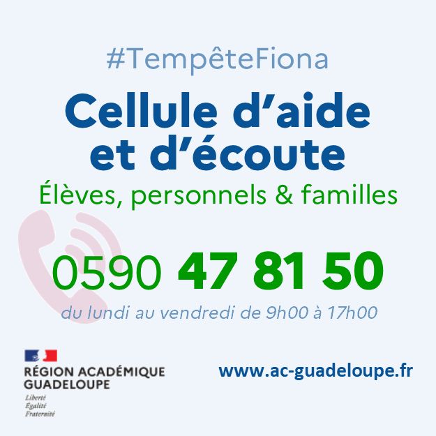 Suite au passage de la #tempêteFiona le rectorat de <a href="/AcGuadeloupe/">Académie de la Guadeloupe</a> est attentif à votre situation. Contactez la cellule d'aide et d'écoute.