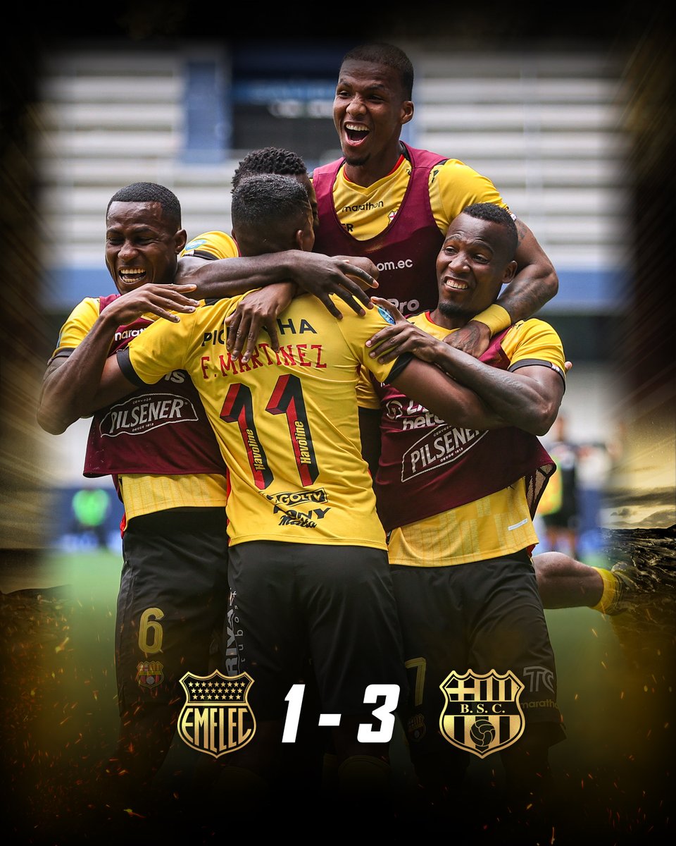 BarcelonaSC's tweet photo. ¡¡¡EL CLÁSICO FUE AMARILLO!!!

#CSEvsBSC 1-3
⚽️ 15' Fidel Martínez
⚽️ 63' Pedro Pablo Velasco
⚽️ 74' Jhon Jairo Cifuente

#ClásicoDelAstillero #VamosÍdolo 🟡⚫️ https://t.co/acuGm2emFa