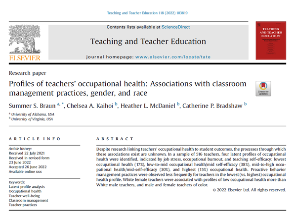 🚨 Pub Alert! Teachers experiencing poorer occupational health use fewer proactive behavior management practices. 👩🏼‍🏫

Appreciated working with <a href="/HLaskyMcDaniel/">Heather Lasky McDaniel</a> and others from <a href="/UVAEdu/">UVA School of Education and Human Development</a> and <a href="/Youth_Nex/">Youth-Nex</a> on this work. #academictwitter #teachers #wellbeing