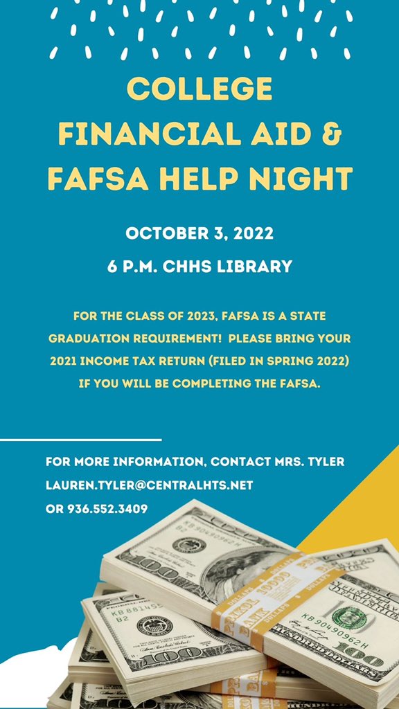 chguidance's tweet photo. Seniors! Please join us on October 3 to learn about paying for college AND get help completing your FAFSA! #chblue https://t.co/0Zpb8KHkVX