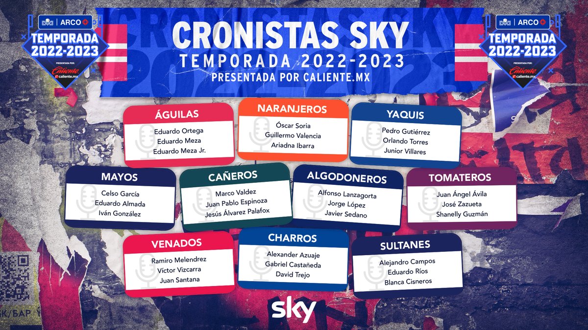 ¡Ellos narrarán todas las emociones! 🎙️🤩

Te presentamos a los cronistas de los equipos para la Temporada 2022-2023 presentada por <a href="/calientesports/">Caliente Sports</a> 😎🔥

Recuerda que podrás disfrutar todos los juegos EN VIVO Y EN EXCLUSIVA por <a href="/SKYSportsMX/">Sky Sports México</a> 📺

#LigaARCO ⚾️