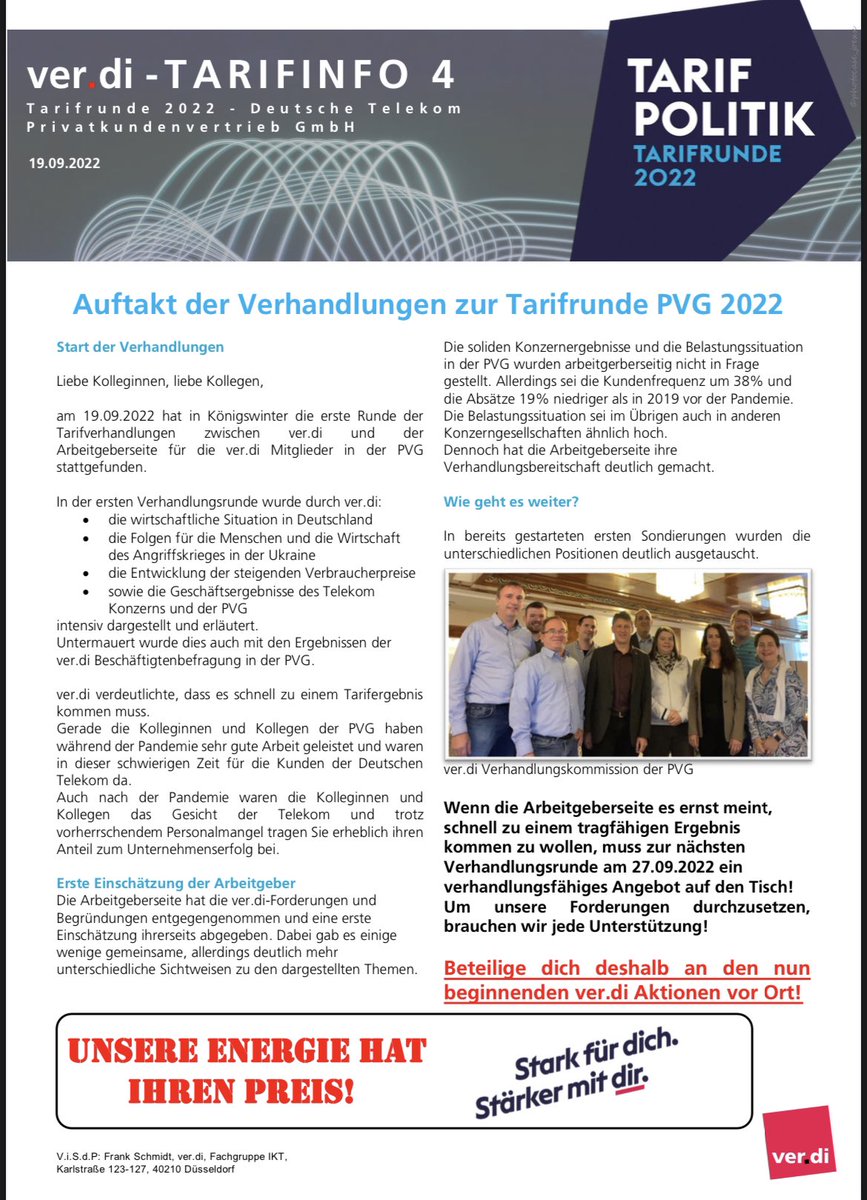 BeGPVGNRW's tweet photo. Auftakt der Verhandlungen zur Tarifrunde PVG 2022

Am 19. September 2022 hat die erste Runde der Tarifverhandlungen für die ver.di-Mitglieder in der DT PVG stattgefunden.

Die Arbeitgeber kamen ohne Angebot an den Verhandlungstisch.

Am 27. September geht es in die zweite Runde! https://t.co/XAZlVBS8Tm