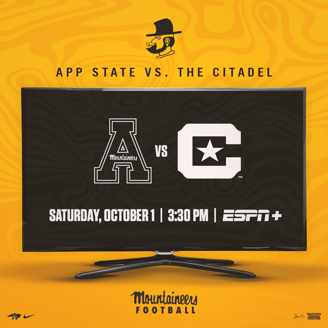 𝐒𝐂𝐇𝐄𝐃𝐔𝐋𝐄 𝐔𝐏𝐃𝐀𝐓𝐄

⛰ The Citadel at App State
🗓 Oct. 1
📍 The Rock
⌚️ 3:30 p.m.
📺 ESPN+

#GoApp
