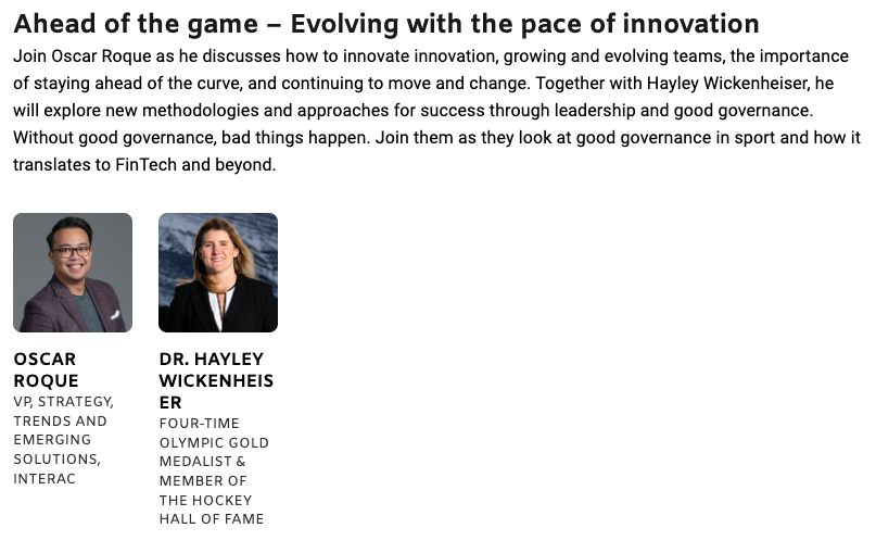 tron's tweet photo. How about a fireside with the Raptors' @Keith_Boyarsky about how the team leverages data to win on the @ElevateTechCA #AI stage?

Oh and a fireside with Dr. @wick_22 (also 6x Olympian &amp; Leafs AGM) on the #FinTech stage about evolving with the pace of innovation?

🏒 + 🏀 = 💯 https://t.co/JDyWuLUrfj
