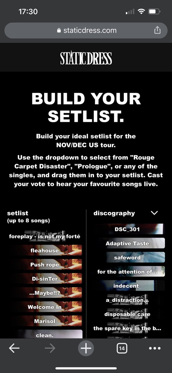 whatsamtweets's tweet photo. On this episode of “cool shit I did for static dress” - vote for your favourite SD songs to be played on the US nov / dev tour (or just build your own cool setlist to share with friends) - was fun working on this
@staticdress #SDUS
https://t.co/PrAXxv4vro https://t.co/IXdega1wPw