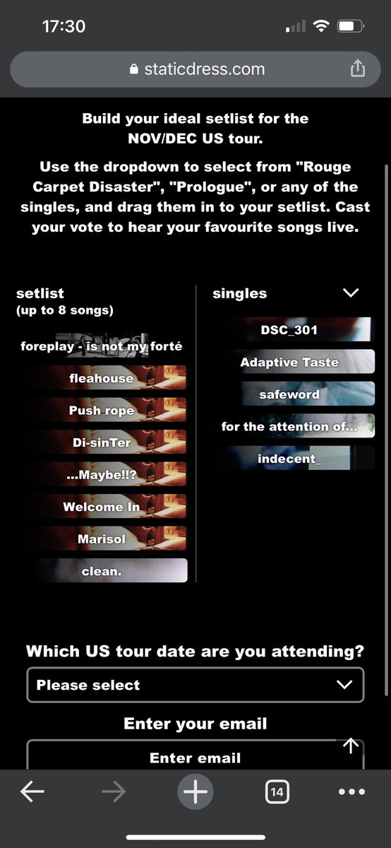 whatsamtweets's tweet photo. On this episode of “cool shit I did for static dress” - vote for your favourite SD songs to be played on the US nov / dev tour (or just build your own cool setlist to share with friends) - was fun working on this
@staticdress #SDUS
https://t.co/PrAXxv4vro https://t.co/IXdega1wPw