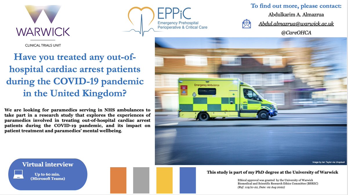 Paramedics experiences of OHCA during COVID-19 (@careohca) on Twitter photo Have you treated any out-of-hospital cardiac arrest as a frontline paramedic during the COVID-19 pandemic? Would you like to share your experiences and views? Please contact us at Abdul.Almazrua@warwick.ac.uk or <a href="/CareOhca/">Paramedics experiences of OHCA during COVID-19</a>
Please help us spread the word 🙏 Have you treated any out-of-hospital cardiac arrest as a frontline paramedic during the COVID-19 pandemic? Would you like to share your experiences and views? Please contact us at Abdul.Almazrua@warwick.ac.uk or <a href="/CareOhca/">Paramedics experiences of OHCA during COVID-19</a>
Please help us spread the word 🙏