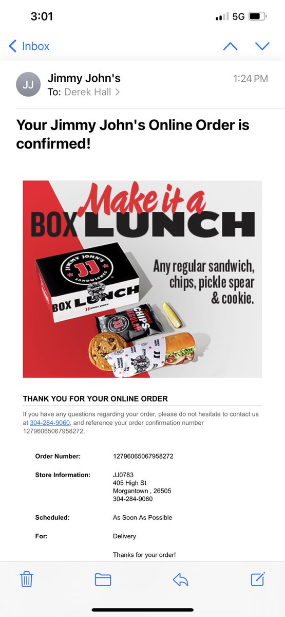 DerekHall88's tweet photo. @jimmyjohns not quite freaky fast! I finally did get ahold of the store and they are going to credit back. I had to leave work so I didn’t get my food if it did make it. https://t.co/e1hKODc6JE