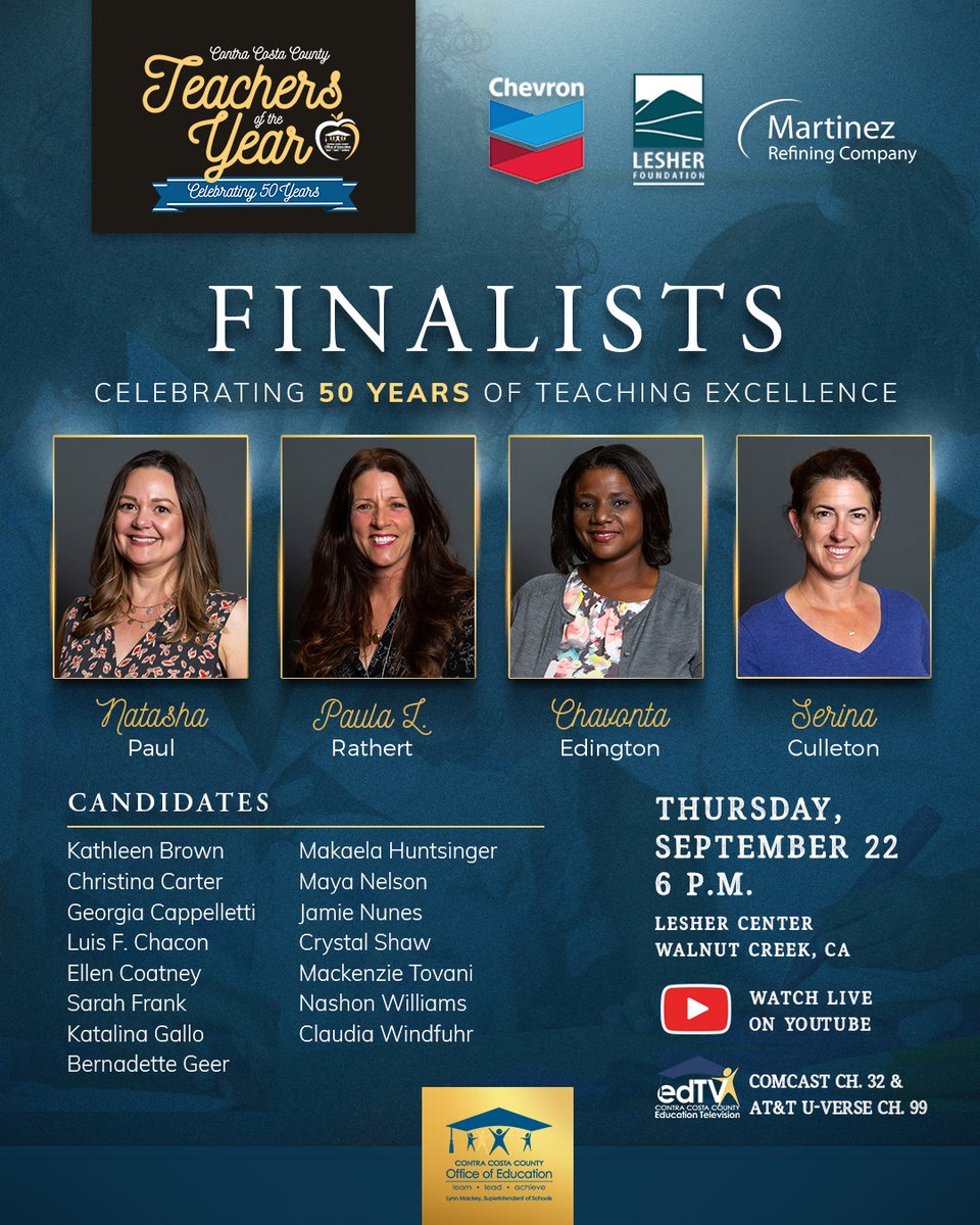 CoCoSchools's tweet image. Join us on Thursday at Lesher Center for a celebration of 50 years of teaching excellence in Contra Costa County as we highlight 19 nominees and name two Contra Costa County Teachers of the Year!

🎟 &amp;gt;&amp;gt; ow.ly/52Yc50KNe8h
💻 &amp;gt;&amp;gt; youtube.com/cocoschools

#CCCOEAchieves #CCCTOY