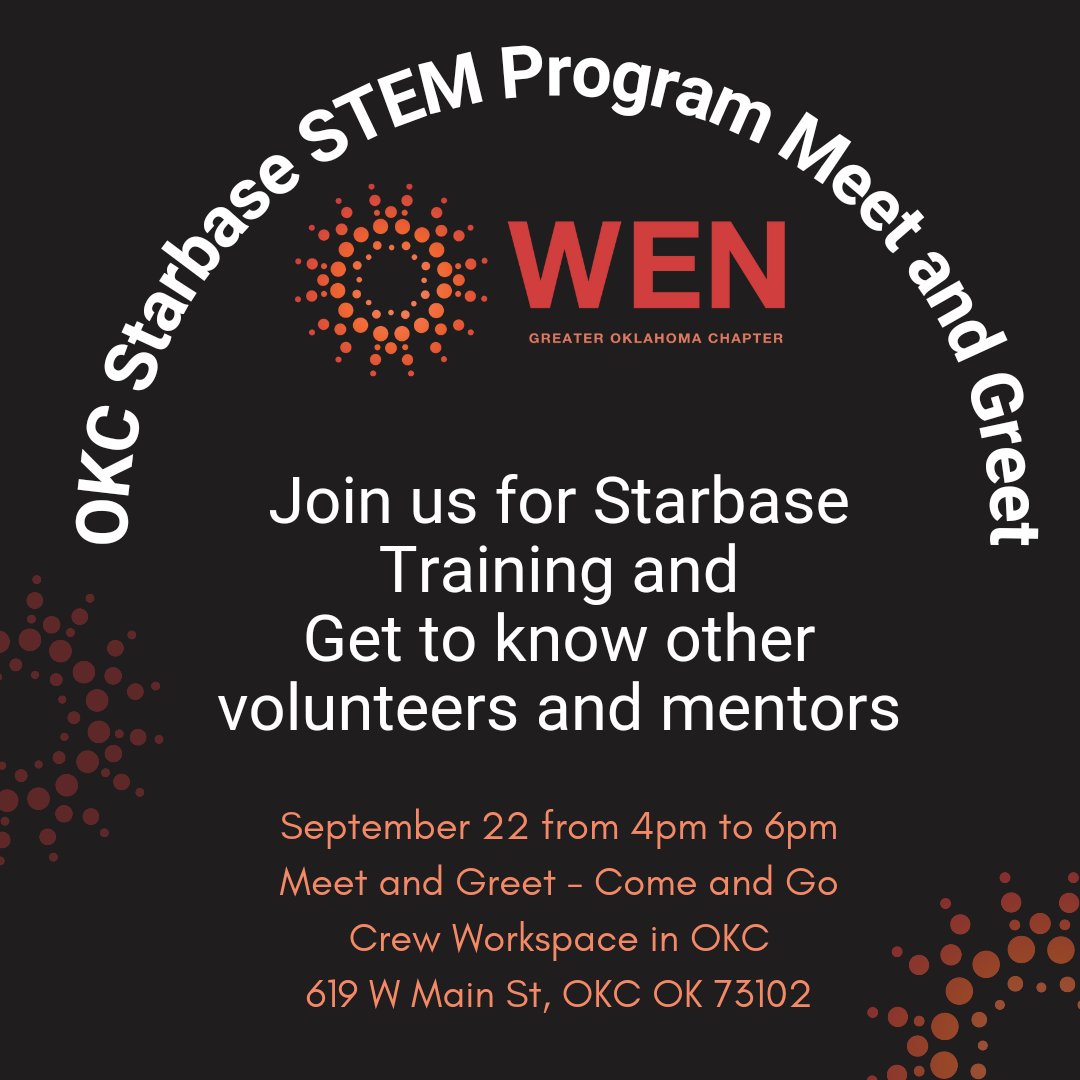 Come to the Crew Workspace in OKC for a meet and greet along with mentor training for the OKC Starbase program #WENGreaterOK #stemeducation #STEM