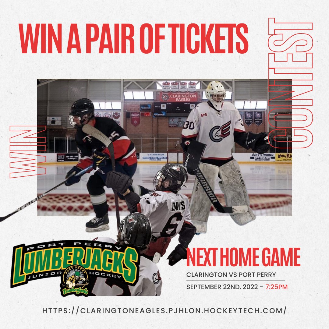 EaglesPJHL's tweet photo. Ok Eagles Fans here's your chance to Win a pair of tickets to this Thursdays Home Game against the Port Perry Lumberjacks. Game Time is 7:25pm at Rickard.

All you need to do is like and retweet this post for a chance to win. 

Winner will be contacted Thursday afternoon.

#WeFly https://t.co/WTu8x2qfiw