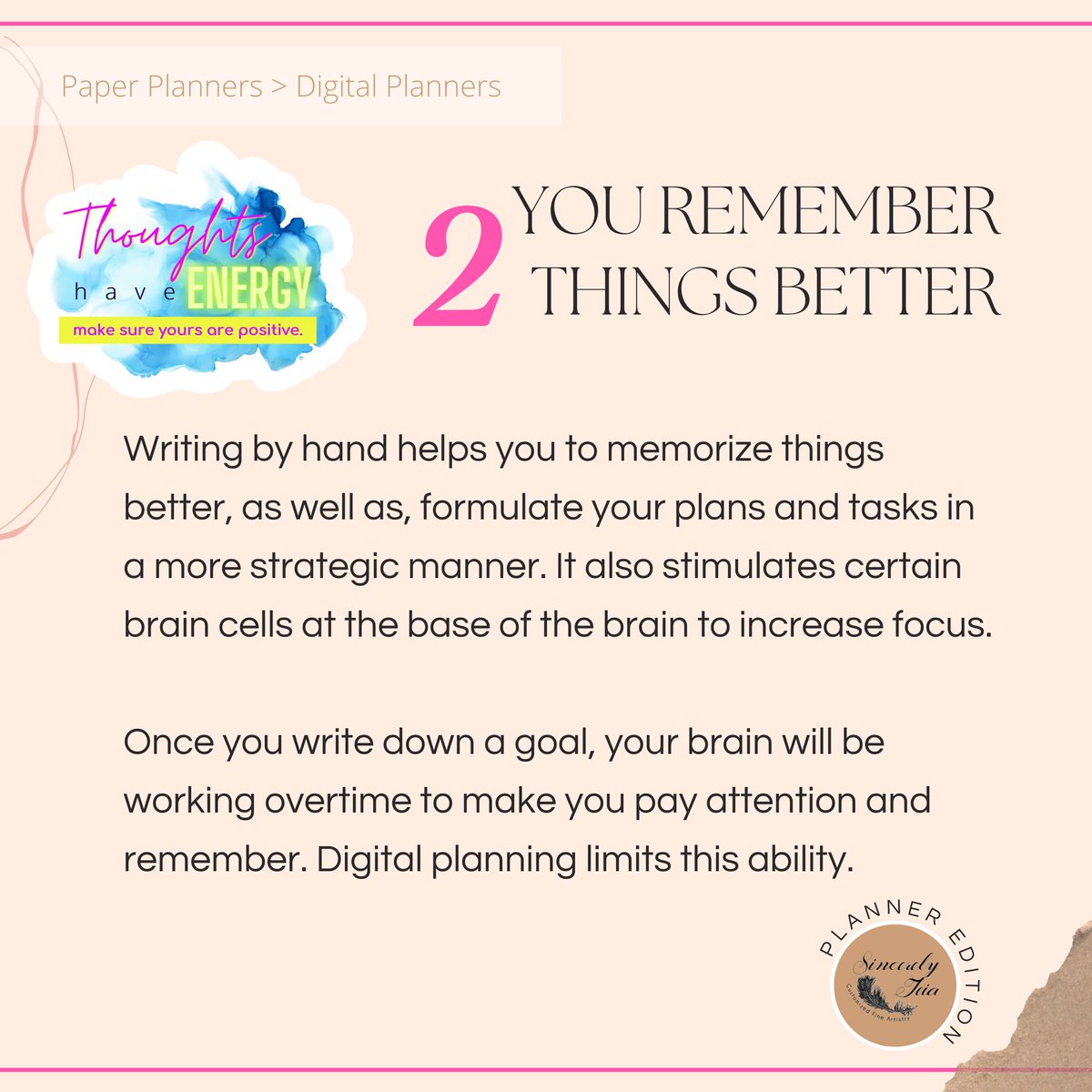 sincerelyteia's tweet photo. 2️⃣. You Remember Things Better
Writing by hand helps you to memorize things better + formulate your plans and tasks in a more strategic manner. It also stimulates certain brain cells at the base of the brain to increase focus….
#paperplanners 📚📝 > #digitalplanners 📱💻 https://t.co/7o9ivt1CJH