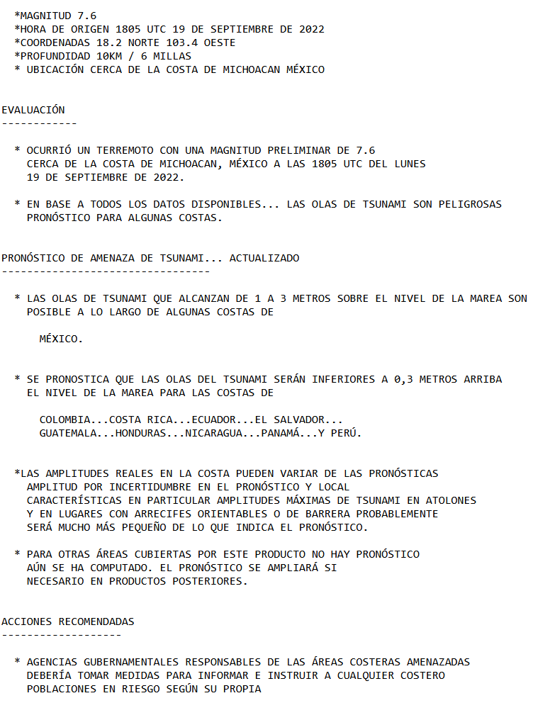 SismoMundial's tweet photo. 🚨 Alerta de tsunami:  Amenaza de tsunami con olas de 1 a 3 metros en las costas de México y de 0.3 metros para las costas de: Colombia, Costa Rica, Ecuador, El Salvador, Guatemala, Honduras, Nicaragua, Panamá y Perú.

Fuente NOAA y PTWC https://t.co/nXY7EscvFB