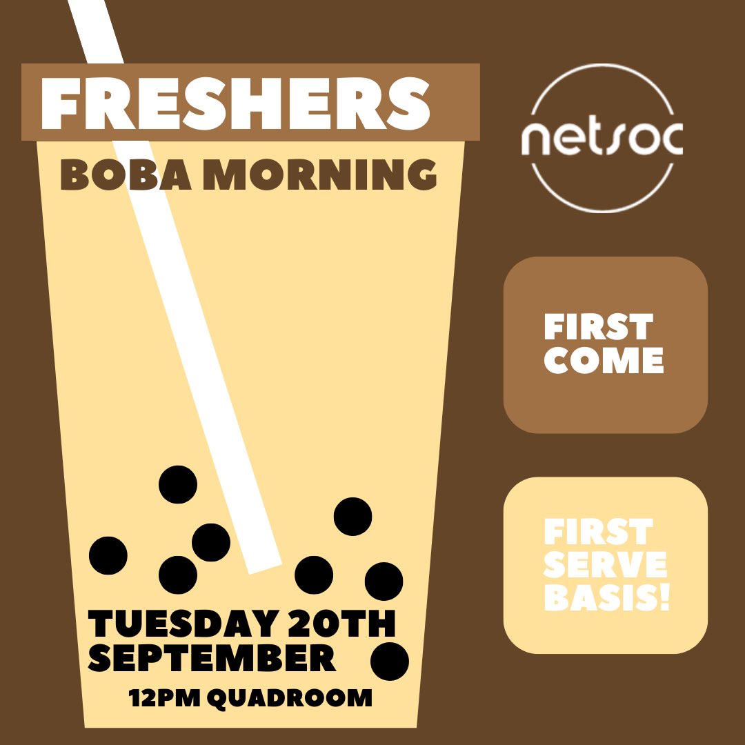 UCDNetsoc's tweet image. Come join us at our Boba Afternoon 🧋 @ 12pm in the Quad Room. It’s a great way to meet new people, especially for ne First Years!